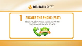 ANSWER THE PHONE (FAST)
VOICEMAIL, LONG RINGS, AND HANG-UPS ARE
TRACKED, AND THEY TANK DELIVERY.
1
 