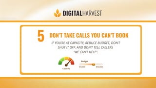 DON’T TAKE CALLS YOU CAN’T BOOK
IF YOU’RE AT CAPACITY, REDUCE BUDGET, DON’T
SHUT IT OFF. AND DON’T TELL CALLERS
“WE CAN’T HELP”.
5
 