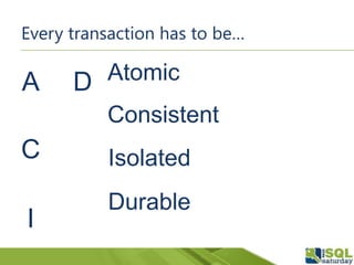 A
C
I
D Atomic
Isolated
Consistent
Durable
Every transaction has to be…
 
