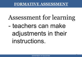 Assessment for learning
- teachers can make
adjustments in their
instructions.
14
FORMATIVE ASSESSMENT
DEPARTMENT OF EDUCATION
 