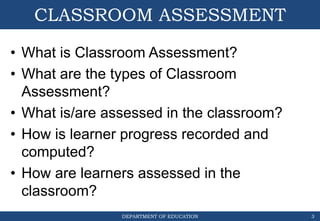 DEPARTMENT OF EDUCATION
CLASSROOM ASSESSMENT
• What is Classroom Assessment?
• What are the types of Classroom
Assessment?
• What is/are assessed in the classroom?
• How is learner progress recorded and
computed?
• How are learners assessed in the
classroom?
3
 