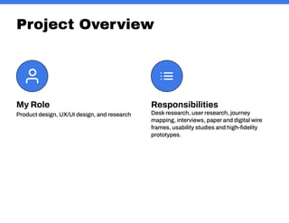 Project Overview
Responsibilities
Desk research, user research, journey
mapping, interviews, paper and digital wire
frames, usability studies and high-fidelity
prototypes.
My Role
Product design, UX/UI design, and research
 