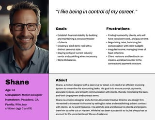 Goals
• Establish financial stability by building
and maintaining a consistent roster
of clients.
• Creating a solid demo reel with a
distinct personal style.
• Staying on top of current industry
trends and upskilling when necessary.
• Work-life balance.
Frustrations
• Finding trustworthy clients, who will
have consistent work, and pay on time.
• Negotiating rates, balancing fair.
compensation with client budgets
• Irregular income; managing times of
feast or famine.
• Client revisions and feedback can
create a workload counter to the
contract and payment structure.
Shane
Age: 43
Occupation: Motion Designer
Hometown: Pasadena, CA
Family: Wife, two
children (age 3 and 9)
About
Shane, a motion designer with a keen eye for detail, is in need of an efficient invoicing
system to streamline his accounting tasks. His goal is to ensure prompt payments,
accurate invoices, and smooth communication with clients, thereby minimizing the back-
and-forth on payment and contract terms.
Shane is a motion designer and a former Associate Creative Director at a design firm.
He wanted to increase his income by setting his rates and establishing a direct contract
with clients, so he went freelance. His ability to pick and choose his clients and projects
drew him to strike out on his own. While he has been successful so far, he always has to
account for the uncertainties of life as a freelancer.
“I like being in control of my career.”
 