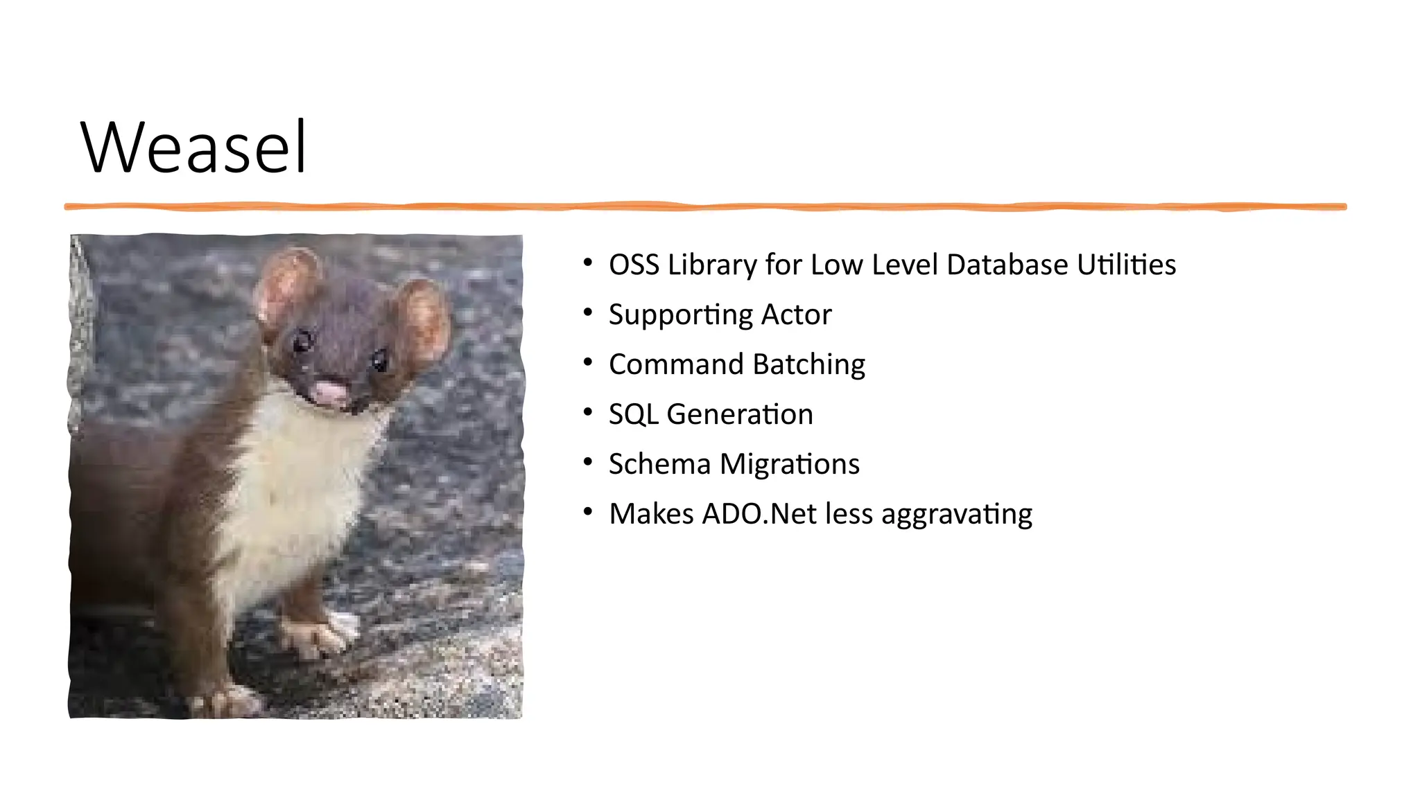 Weasel
• OSS Library for Low Level Database Utilities
• Supporting Actor
• Command Batching
• SQL Generation
• Schema Migrations
• Makes ADO.Net less aggravating
 