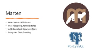 Marten
• Open Source .NET Library
• Uses PostgreSQL for Persistence
• ACID Compliant Document Store
• Integrated Event Sourcing
 