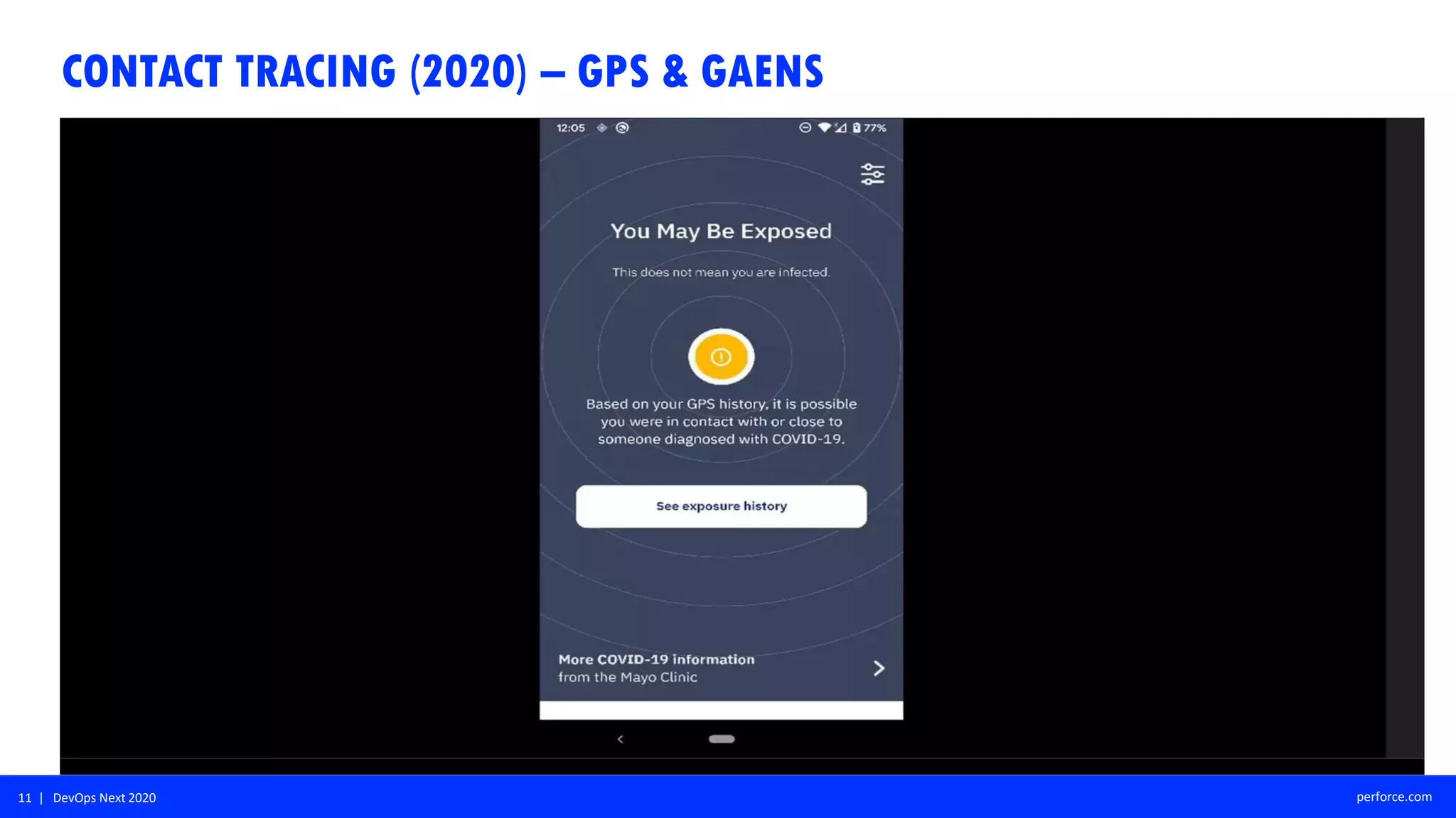 11 | DevOps Next 2020 perforce.com
CONTACT TRACING (2020) – GPS & GAENS
 