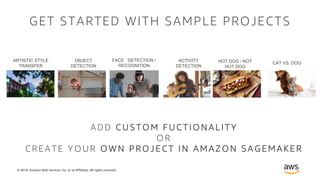 © 2018, Amazon Web Services, Inc. or its Affiliates. All rights reserved.
GET STARTED WITH SAMPLE PROJECTS
ARTISTIC STYLE
TRANSFER
OBJECT
DETECTION
FACE DETECTION /
RECOGNITION
HOT DOG / NOT
HOT DOG
CAT VS. DOG
ACTIVITY
DETECTION
A D D C U S T O M F U C T I O N A L I T Y
O R
C R E A T E YO UR O W N P R O J E C T I N A M A Z O N S A G E M A K E R
 