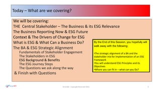 Today – What are we covering?
We will be covering:
THE Central Stakeholder – The Business & its ESG Relevance
The Business...