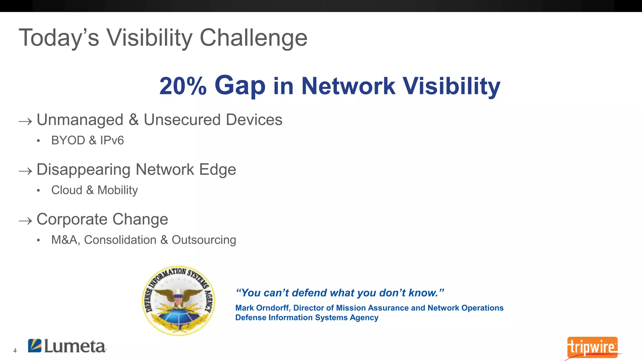 20% Gap in Network Visibility 
“You can’t defend what you don’t know.” 
Mark Orndorff, Director of Mission Assurance and Network Operations 
Defense Information Systems Agency 
 