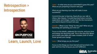 Retrospection >
Introspection
Learn – In what area are you committed to grow this year?
What are you preparing to launch n...