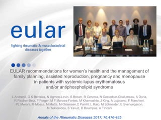 EULAR recommendations for women’s health and the management of
family planning, assisted reproduction, pregnancy and menopause
in patients with systemic lupus erythematosus
and/or antiphospholipid syndrome
L Andreoli, G K Bertsias, N Agmon-Levin, S Brown, R Cervera, N Costedoat-Chalumeau, A Doria,
R Fischer-Betz, F Forger, M F Moraes-Fontes, M Khamashta, J King, A Lojacono, F Marchiori,
PL Meroni, M Mosca, M Motta, M Ostensen,C Pamﬁl, L Raio, M Schneider, E Svenungsson,
M Tektonidou, S Yavuz, D Boumpas, A Tincani
Annals of the Rheumatic Diseases 2017; 76:476-485
 