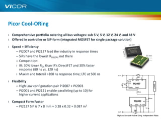 Picor Cool-ORing
› Comprehensive portfolio covering all bus voltages: sub 5 V, 5 V, 12 V, 24 V, and 48 V
› Offered in controller or SiP form (integrated MOSFET for single package solution)

› Speed + Efficiency
    – PI2007 and PI2127 lead the industry in response times
    – SiPs have the lowest RDS(ON) out there
    – Competition:
    › IR: 30% lower RDS than IR’s DirectFET and 30% faster
      response (80 ns vs. 120 ns)
    › Maxim and Intersil >200 ns response time; LTC at 500 ns

› Flexibility
     – High Low configuration pair PI2007 + PI2003
     – PI2001 and PI2121 enable paralleling (up to 10) for
       higher current applications

› Compact Form Factor
    – PI2127 SiP is 7 x 8 mm = 0.28 x 0.32 = 0.087 in2
                                                                                          13
 
