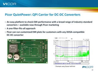 Picor QuietPower: QPI Carrier for DC-DC Converters
› An easy platform to check EMI performance with a broad range of industry-standard
  converters – available now through Picor marketing
› A one-filter-fits-all approach
› Picor can run customized EMI plots for customers with any DOSA-compatible
  DC-DC converter




                                               * Example using Synqor half brick

                                                                                   26
 
