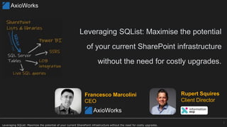 Leveraging SQList: Maximize the potential of your current SharePoint infrastructure without the need for costly upgrades.
Leveraging SQList: Maximise the potential
of your current SharePoint infrastructure
without the need for costly upgrades.
1
Francesco Marcolini
CEO
Rupert Squires
Client Director
 