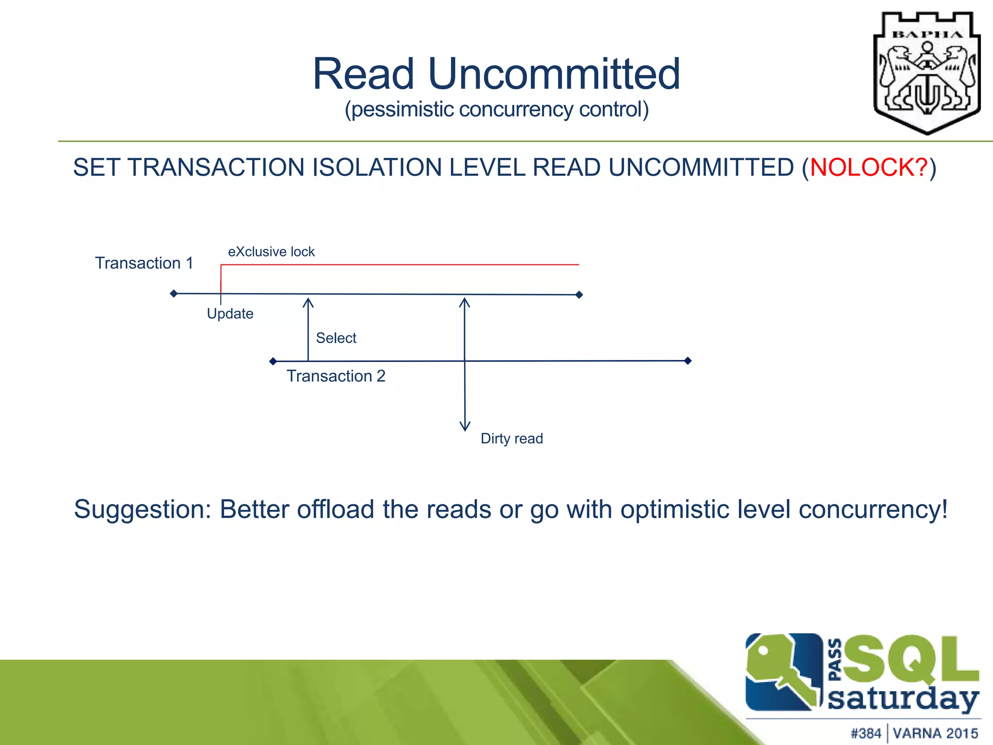 SET TRANSACTION ISOLATION LEVEL READ UNCOMMITTED (NOLOCK?)
Transaction 1
Transaction 2
Suggestion: Better offload the reads or go with optimistic level concurrency!
Select
Update
eXclusive lock
Read Uncommitted
(pessimistic concurrency control)
Dirty read
 