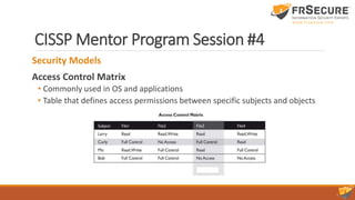 CISSP Mentor Program Session #4
Security Models
Access Control Matrix
• Commonly used in OS and applications
• Table that defines access permissions between specific subjects and objects
 