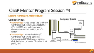 CISSP Mentor Program Session #4
Secure Hardware Architecture
Computer Bus
• Northbridge – also called the Memory
Controller Hub (MCH), connects the
CPU to RAM and video memory;
directly connected to CPU, so it’s
faster
• Southbridge - also called the I/O
Controller Hub (ICH), connects
input/output (I/O) devices, such as
disk, keyboard, mouse, CD drive, USB
ports, etc.
 