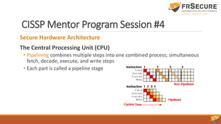 CISSP Mentor Program Session #4
Secure Hardware Architecture
The Central Processing Unit (CPU)
• Pipelining combines multiple steps into one combined process; simultaneous
fetch, decode, execute, and write steps
• Each part is called a pipeline stage
 