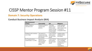 CISSP Mentor Program Session #11
Domain 7: Security Operations
Conduct Business Impact Analysis (BIA)
 