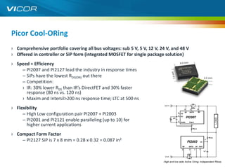 Picor Cool-ORing
› Comprehensive portfolio covering all bus voltages: sub 5 V, 5 V, 12 V, 24 V, and 48 V
› Offered in controller or SiP form (integrated MOSFET for single package solution)
› Speed + Efficiency
    – PI2007 and PI2127 lead the industry in response times
    – SiPs have the lowest RDS(ON) out there
    – Competition:
    › IR: 30% lower RDS than IR’s DirectFET and 30% faster
      response (80 ns vs. 120 ns)
    › Maxim and Intersil >200 ns response time; LTC at 500 ns
› Flexibility
     – High Low configuration pair PI2007 + PI2003
     – PI2001 and PI2121 enable paralleling (up to 10) for
       higher current applications
› Compact Form Factor
    – PI2127 SiP is 7 x 8 mm = 0.28 x 0.32 = 0.087 in2


                                                                                          3
 