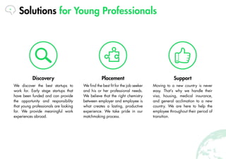 Solutions for Young Professionals
Discovery
We discover the best startups to
work for. Early stage startups that
have been...