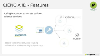 CIÊNCIA ID - Features
INFRAESTRUTURAS
SERVIÇOS
A single account to access various
science services.
access to science services, reusing
information and reducing bureaucracy
SIMPLIFICA
What ?
 
