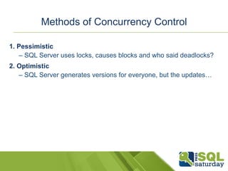 Methods of Concurrency Control 
1. Pessimistic 
– SQL Server uses locks, causes blocks and who said deadlocks? 
2. Optimistic 
– SQL Server generates versions for everyone, but the updates… 
 
