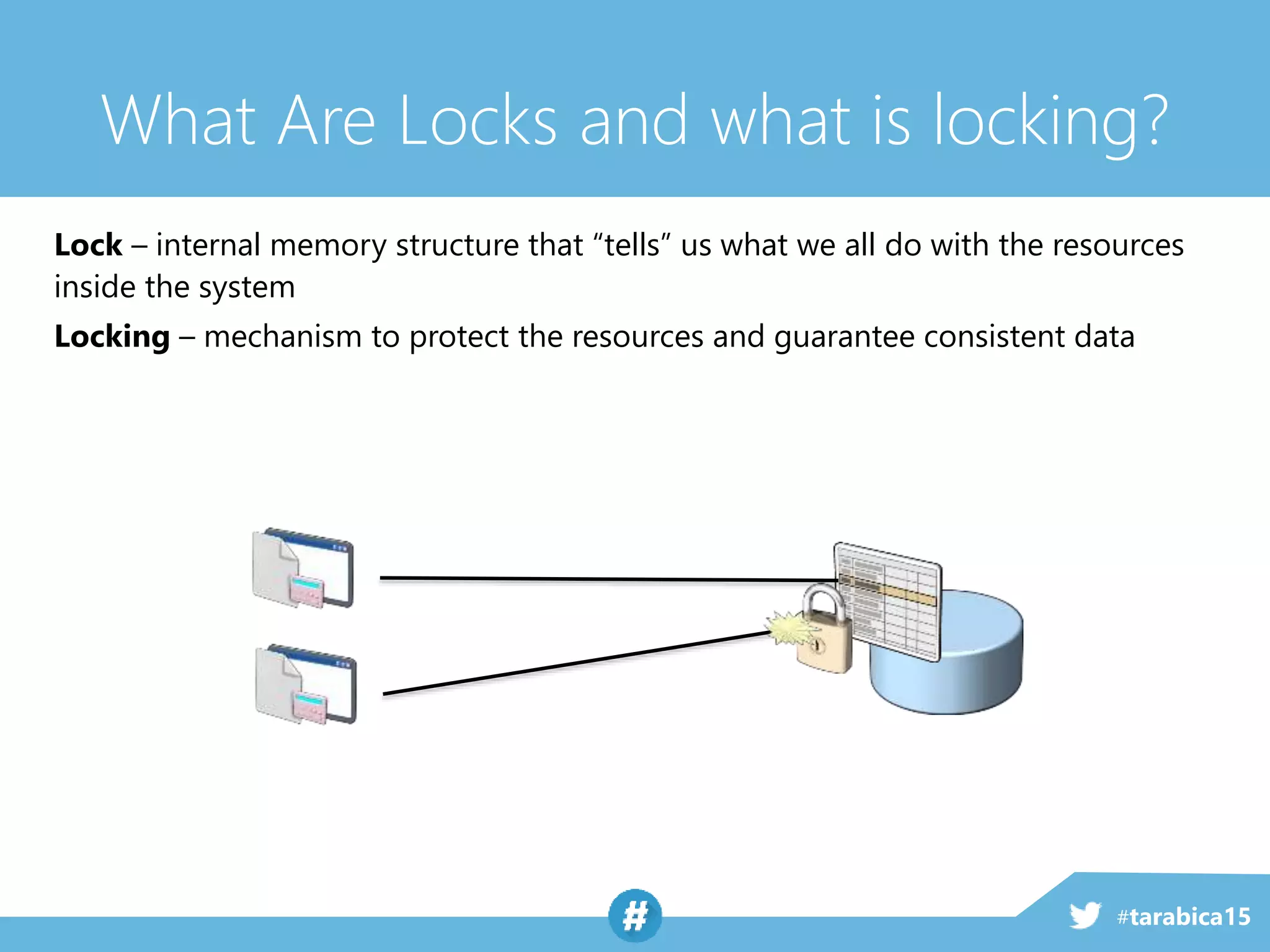 #tarabica15
What Are Locks and what is locking?
Lock – internal memory structure that “tells” us what we all do with the resources
inside the system
Locking – mechanism to protect the resources and guarantee consistent data
 