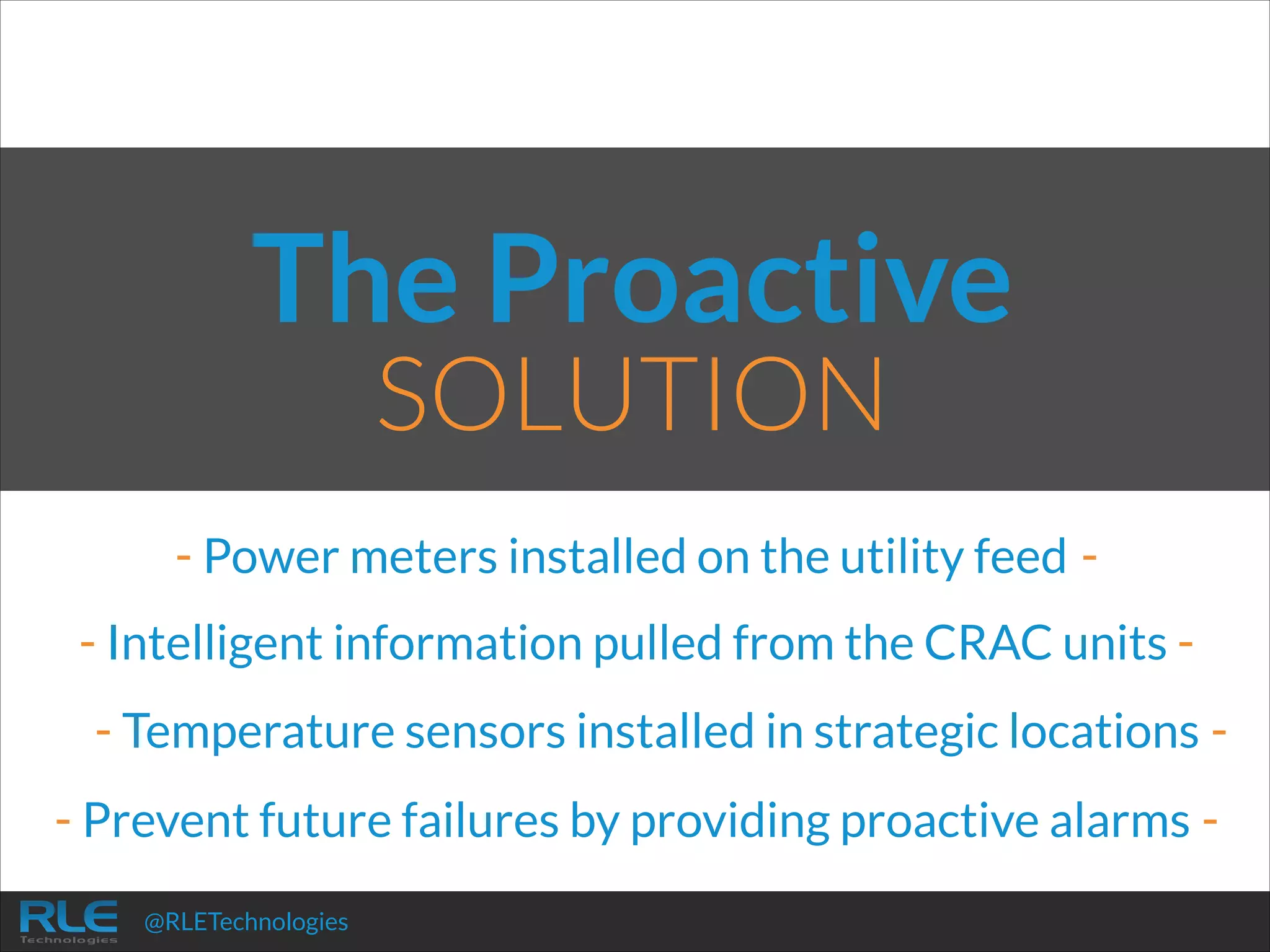 The Proactive
SOLUTION

- Power meters installed on the utility feed !

- Intelligent information pulled from the CRAC units !

-

- Temperature sensors installed in strategic locations !

- Prevent future failures by providing proactive alarms @RLETechnologies

 
