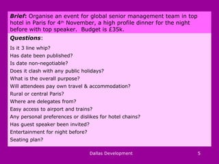 Dallas Development 5
Brief: Organise an event for global senior management team in top
hotel in Paris for 4th
November, a high profile dinner for the night
before with top speaker. Budget is £35k.
Questions:
Is it 3 line whip?
Has date been published?
Is date non-negotiable?
Does it clash with any public holidays?
What is the overall purpose?
Will attendees pay own travel & accommodation?
Rural or central Paris?
Where are delegates from?
Easy access to airport and trains?
Any personal preferences or dislikes for hotel chains?
Has guest speaker been invited?
Entertainment for night before?
Seating plan?
 