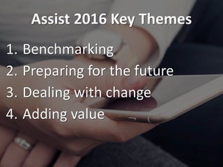 Assist 2016 Key Themes
1. Benchmarking
2. Preparing for the future
3. Dealing with change
4. Adding value
 