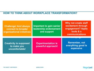 THE ASSIST CONFERENCE @SAM_SAHNI
HOW TO THINK ABOUT WORKPLACE TRANSFORMATION?
Challenge! And always
connect to broader
organizational initiatives
Important to gain senior
leadership endorsement
and support
Why not create staff
excitement through
engagement? Apply
tools & a
communications
campaign
Creativity is supposed
to make you
uncomfortable!
Experimentation is
powerful approach!
Remember, not
everything good is
expensive
 