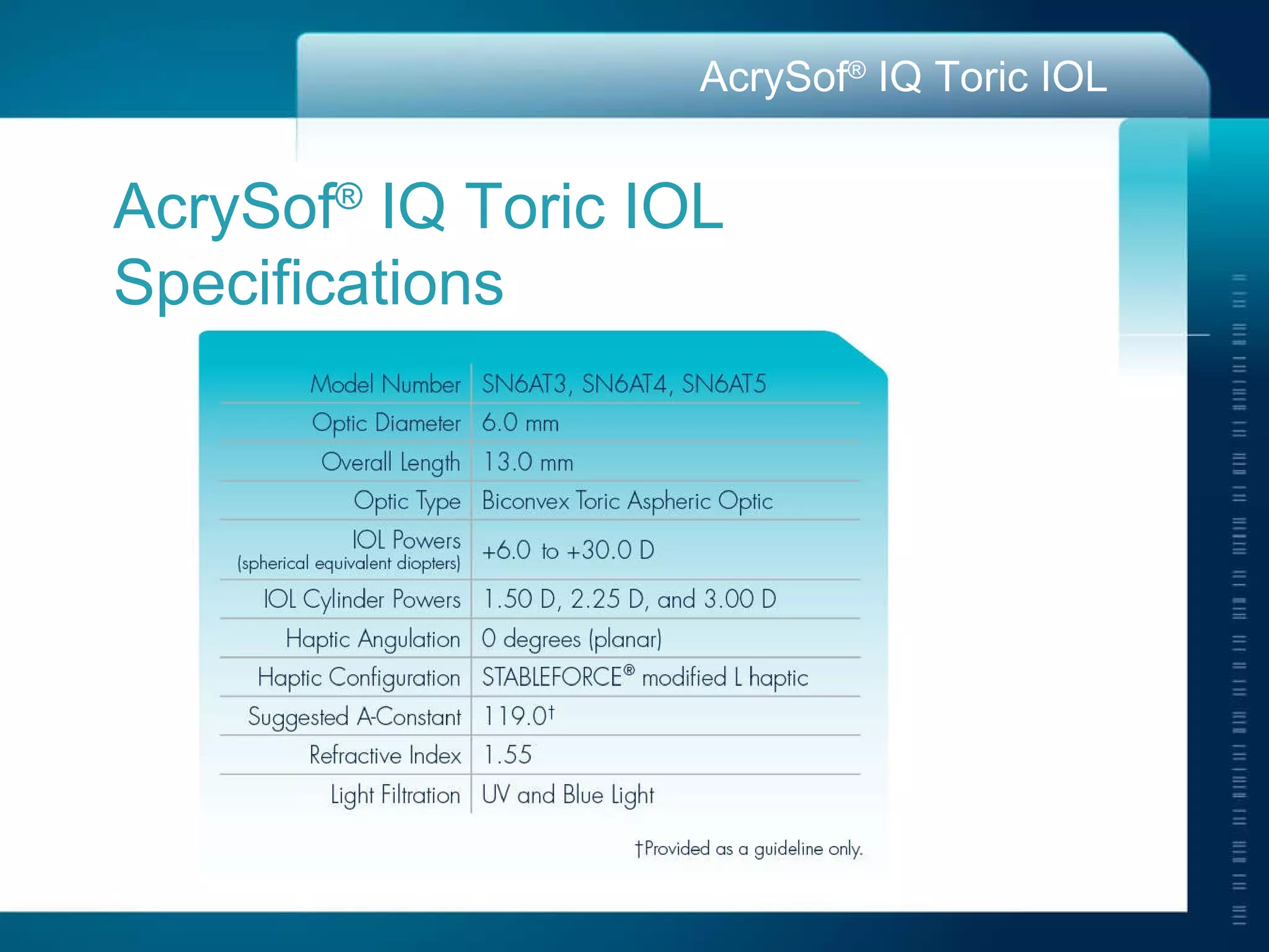 AcrySof ®  IQ Toric IOL  Specifications 