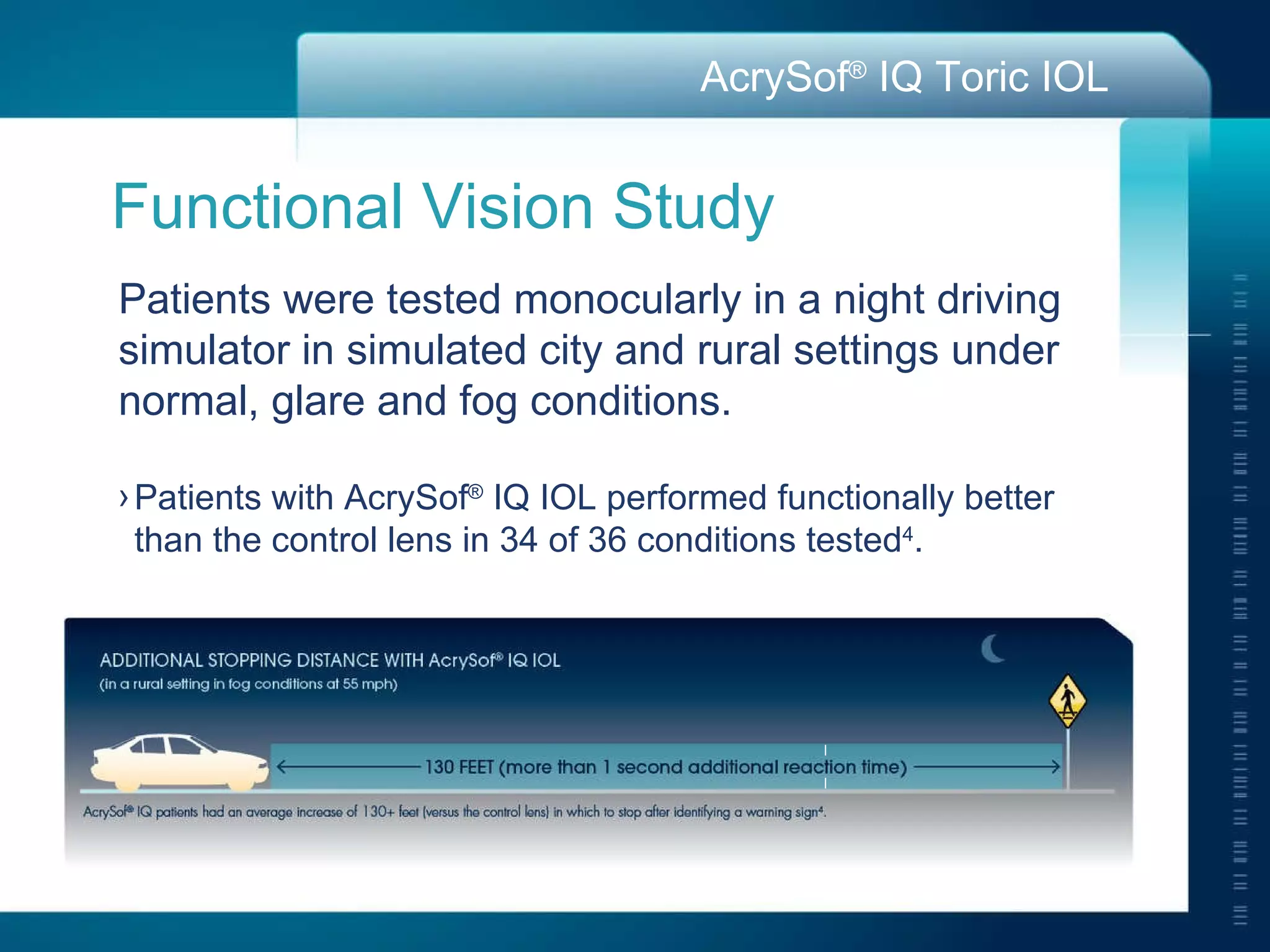 Functional Vision Study Patients were tested monocularly in a night driving simulator in simulated city and rural settings under normal, glare and fog conditions. Patients with AcrySof ®  IQ IOL performed functionally better  than the control lens in 34 of 36 conditions tested 4 . 