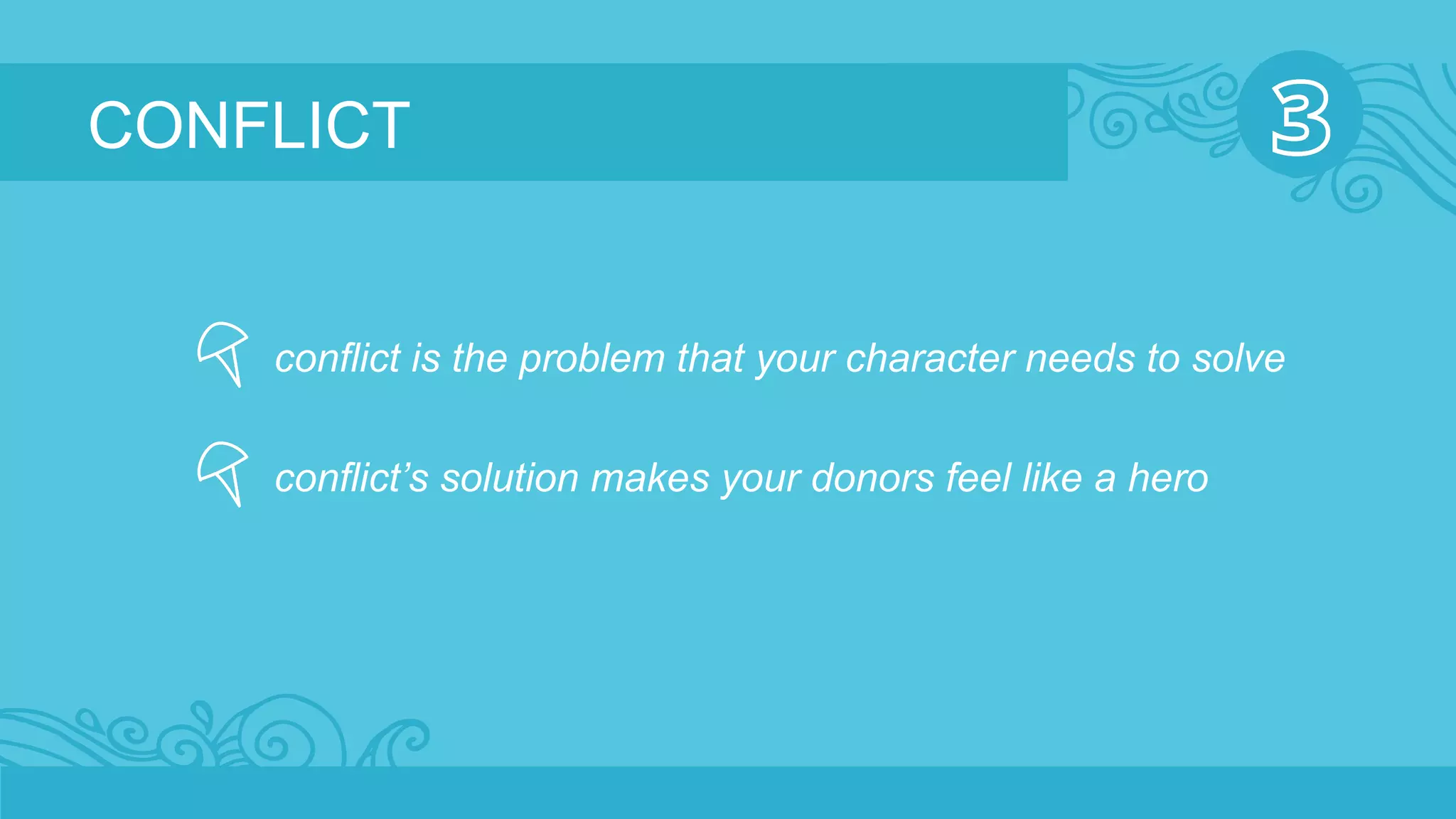CONFLICT 
conflict is the problem that your character needs to solve 
conflict’s solution makes your donors feel like a hero 
 