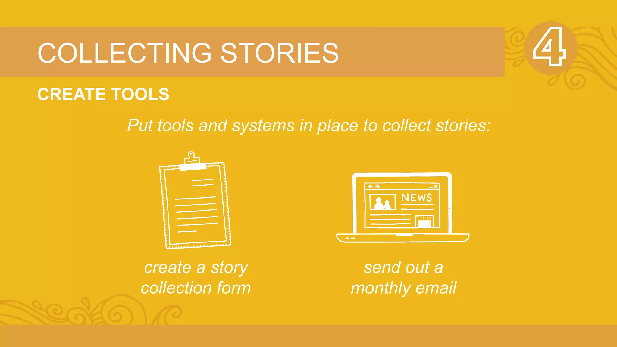 COLLECTING STORIES 
CREATE TOOLS 
Put tools and systems in place to collect stories: 
create a story 
collection form 
send out a 
monthly email 
 