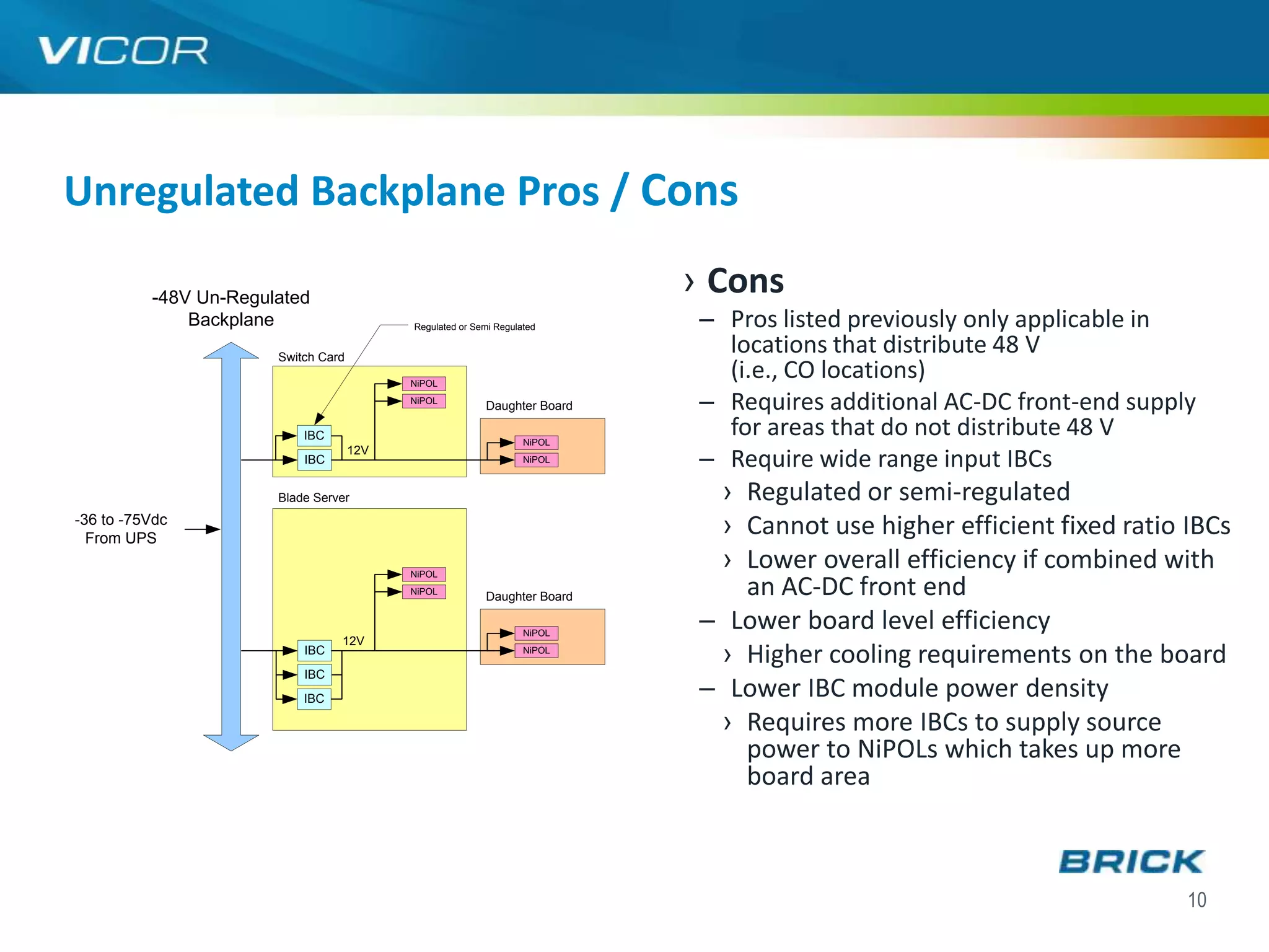 Unregulated Backplane Pros / Cons

          -48V Un-Regulated
                                                                           › Cons
              Backplane                    Regulated or Semi Regulated     – Pros listed previously only applicable in
                       Switch Card
                                                                             locations that distribute 48 V
                                           NiPOL
                                                                             (i.e., CO locations)
                                           NiPOL
                                                          Daughter Board   – Requires additional AC-DC front-end supply
                           IBC                                     NiPOL
                                                                             for areas that do not distribute 48 V
                           IBC
                                     12V
                                                                   NiPOL   – Require wide range input IBCs
                       Blade Server                                          › Regulated or semi-regulated
-36 to -75Vdc
  From UPS
                                                                             › Cannot use higher efficient fixed ratio IBCs
                                           NiPOL
                                                                             › Lower overall efficiency if combined with
                                           NiPOL
                                                          Daughter Board       an AC-DC front end
                                                                   NiPOL
                                                                           – Lower board level efficiency
                                 12V
                           IBC                                     NiPOL
                                                                             › Higher cooling requirements on the board
                           IBC
                           IBC
                                                                           – Lower IBC module power density
                                                                             › Requires more IBCs to supply source
                                                                               power to NiPOLs which takes up more
                                                                               board area



                                                                                                                       10
 