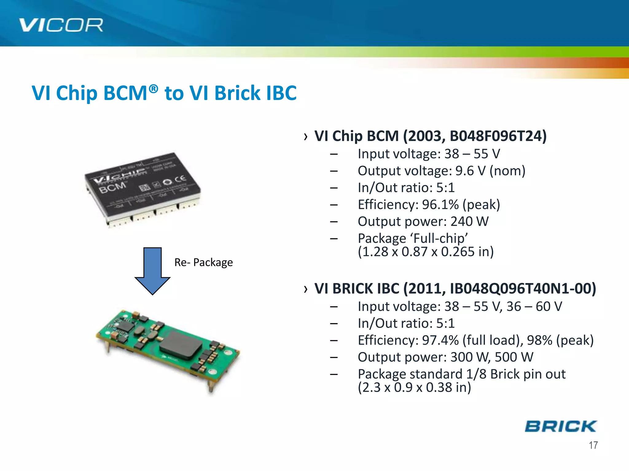 VI Chip BCM® to VI Brick IBC
                               › VI Chip BCM (2003, B048F096T24)
                                  –   Input voltage: 38 – 55 V
                                  –   Output voltage: 9.6 V (nom)
                                  –   In/Out ratio: 5:1
                                  –   Efficiency: 96.1% (peak)
                                  –   Output power: 240 W
                                  –   Package ‘Full-chip’
                                      (1.28 x 0.87 x 0.265 in)
               Re- Package

                               › VI BRICK IBC (2011, IB048Q096T40N1-00)
                                  –   Input voltage: 38 – 55 V, 36 – 60 V
                                  –   In/Out ratio: 5:1
                                  –   Efficiency: 97.4% (full load), 98% (peak)
                                  –   Output power: 300 W, 500 W
                                  –   Package standard 1/8 Brick pin out
                                      (2.3 x 0.9 x 0.38 in)


                                                                              17
 