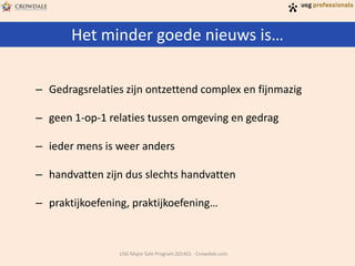 Het minder goede nieuws is…
USG Major Sale Program 201401 - Crowdale.com
– Gedragsrelaties zijn ontzettend complex en fijnmazig
– geen 1-op-1 relaties tussen omgeving en gedrag
– ieder mens is weer anders
– handvatten zijn dus slechts handvatten
– praktijkoefening, praktijkoefening…
 