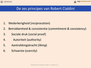 De zes principes van Robert Cialdini
USG Major Sale Program 201401 - Crowdale.com
1. Wederkerigheid (reciprocation)
2. Betrokkenheid & consistentie (commitment & consistency)
3. Sociale druk (social proof)
4. Autoriteit (authority)
5. Aantrekkingskracht (liking)
6. Schaarste (scarcity)
 