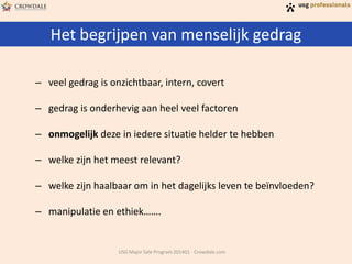 Het begrijpen van menselijk gedrag
USG Major Sale Program 201401 - Crowdale.com
– veel gedrag is onzichtbaar, intern, covert
– gedrag is onderhevig aan heel veel factoren
– onmogelijk deze in iedere situatie helder te hebben
– welke zijn het meest relevant?
– welke zijn haalbaar om in het dagelijks leven te beïnvloeden?
– manipulatie en ethiek…….
 