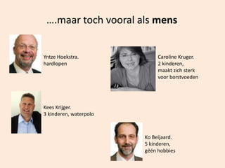 ….maar toch vooral als mens
Yntze Hoekstra.
hardlopen
Kees Krijger.
3 kinderen, waterpolo
Ko Beijaard.
5 kinderen,
géén hobbies
Caroline Kruger.
2 kinderen,
maakt zich sterk
voor borstvoeden
 