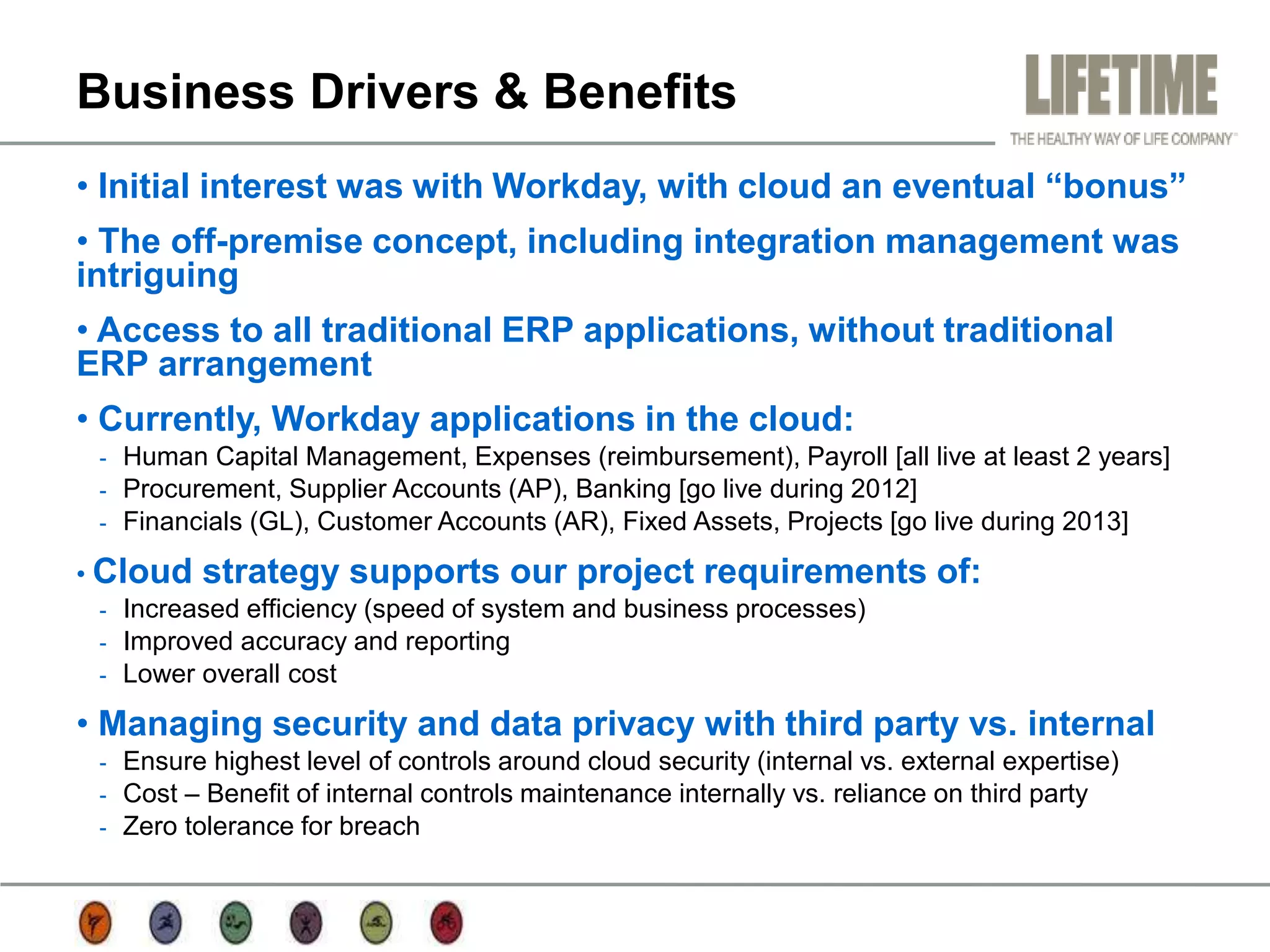 Business Drivers & Benefits
• Initial interest was with Workday, with cloud an eventual “bonus”
• The off-premise concept, including integration management was
intriguing
• Access to all traditional ERP applications, without traditional
ERP arrangement
• Currently, Workday applications in the cloud:
 - Human Capital Management, Expenses (reimbursement), Payroll [all live at least 2 years]
 - Procurement, Supplier Accounts (AP), Banking [go live during 2012]
 - Financials (GL), Customer Accounts (AR), Fixed Assets, Projects [go live during 2013]

• Cloud strategy supports our project requirements                        of:
  - Increased efficiency (speed of system and business processes)
  - Improved accuracy and reporting
  - Lower overall cost

• Managing security and data privacy with third party vs. internal
 - Ensure highest level of controls around cloud security (internal vs. external expertise)
 - Cost – Benefit of internal controls maintenance internally vs. reliance on third party
 - Zero tolerance for breach
 
