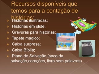  Histórias ilustradas;
 Histórias em slide;
 Gravuras para histórias;
 Tapete mágico;
 Caixa surpresa;
 Caixa Bíblia;
 Plano de Salvação (saco da
salvação,corações, livro sem palavras)
 