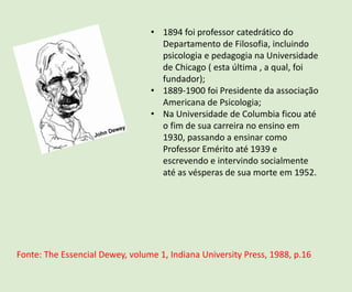 • 1894 foi professor catedrático do
Departamento de Filosofia, incluindo
psicologia e pedagogia na Universidade
de Chicago ( esta última , a qual, foi
fundador);
• 1889-1900 foi Presidente da associação
Americana de Psicologia;
• Na Universidade de Columbia ficou até
o fim de sua carreira no ensino em
1930, passando a ensinar como
Professor Emérito até 1939 e
escrevendo e intervindo socialmente
até as vésperas de sua morte em 1952.
Fonte: The Essencial Dewey, volume 1, Indiana University Press, 1988, p.16
 