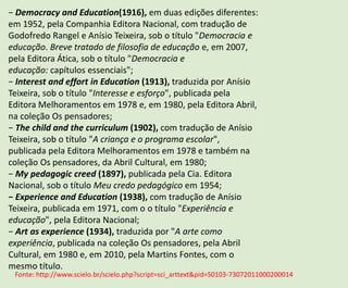 − Democracy and Education(1916), em duas edições diferentes:
em 1952, pela Companhia Editora Nacional, com tradução de
Godofredo Rangel e Anísio Teixeira, sob o título "Democracia e
educação. Breve tratado de filosofia de educação e, em 2007,
pela Editora Ática, sob o título "Democracia e
educação: capítulos essenciais";
− Interest and effort in Education (1913), traduzida por Anísio
Teixeira, sob o título "Interesse e esforço", publicada pela
Editora Melhoramentos em 1978 e, em 1980, pela Editora Abril,
na coleção Os pensadores;
− The child and the curriculum (1902), com tradução de Anísio
Teixeira, sob o título "A criança e o programa escolar",
publicada pela Editora Melhoramentos em 1978 e também na
coleção Os pensadores, da Abril Cultural, em 1980;
− My pedagogic creed (1897), publicada pela Cia. Editora
Nacional, sob o título Meu credo pedagógico em 1954;
− Experience and Education (1938), com tradução de Anísio
Teixeira, publicada em 1971, com o o título "Experiência e
educação", pela Editora Nacional;
− Art as experience (1934), traduzida por "A arte como
experiência, publicada na coleção Os pensadores, pela Abril
Cultural, em 1980 e, em 2010, pela Martins Fontes, com o
mesmo título.
Fonte: http://www.scielo.br/scielo.php?script=sci_arttext&pid=S0103-73072011000200014
 