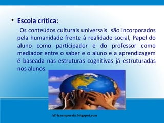 Escola crítica: Os conteúdos culturais universais  são incorporados pela humanidade frente à realidade social, Papel do aluno como participador e do professor como mediador entre o saber e o aluno e a aprendizagem é baseada nas estruturas cognitivas já estruturadas nos alunos. Africaempoesia.bolgspot.com 