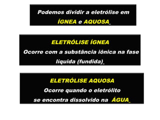 Podemos dividir a eletrólise em
ÍGNEA e AQUOSA
ELETRÓLISE ÍGNEA
Ocorre com a substância iônica na fase
líquida (fundida)
ELETRÓLISE AQUOSA
Ocorre quando o eletrólito
se encontra dissolvido na ÁGUA
 