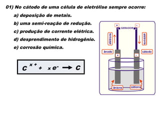 01) No cátodo de uma célula de eletrólise sempre ocorre:
a) deposição de metais.
b) uma semi-reação de redução.
c) produção de corrente elétrica.
d) desprendimento de hidrogênio.
e) corrosão química.
+
+
-
-
GERADOR
ânodo cátodo
cátions
ânions
elétrons
elétr
ons
C
x +
+ C
-
x e
 
