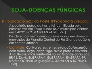 Doenças de final de ciclo: mancha parda (Septoriaglycines) e crestamento foliar e mancha púrpura da semente (Cercosporakikuchii)Tanto a mancha parda como o crestamento foliar de Cercospora/mancha púrpura da semente são de ocorrência generalizada, mas são mais perigosas nas regiões  quentes e chuvosas do Cerrado. Seus efeitos são mais visíveis na fase de maturação e reduzem o rendimento por causarem desfolha prematura. Sob condições favoráveis, a redução da produtividade pode atingir a mais de 30%.Controle: Rotação/sucessão de culturas, incorporação dos restos culturais, tratamento de semente e adubação equilibrada, com ênfase no potássio. O controle pode também ser obtido com uma ou duas aplicações preventivas de fungicidas, iniciando no estádio R5.5 (75% de vagem formada).  A segunda deve ser feita 10-12 dias após a primeira (estádio R6). Os fungicidas e dosagens (i.a./ha) são: a) benomil (50PM) (500 g); b) benomil (50PM) +mancozeb (80PM) (250g + 1.600 g); c) carbendazim (75PM)  (250g); d) fentin hidróxido de estanho (40F) (200 g); e) tiabendazol(40F) (400 g).soja-DOENÇAS FÚNGICAS